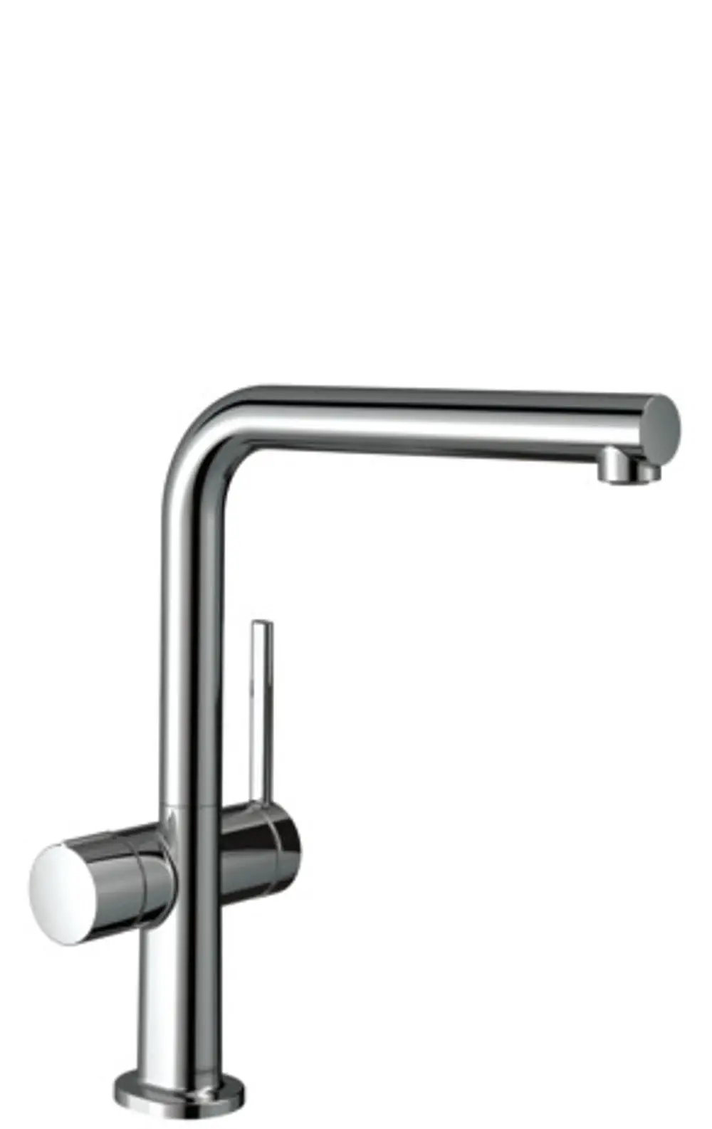 Spültischmischer in Chrom von Hansgrohe, mit einem langen Auslauf und einem seitlichen Hebel zur Regulierung des Wasserflusses.